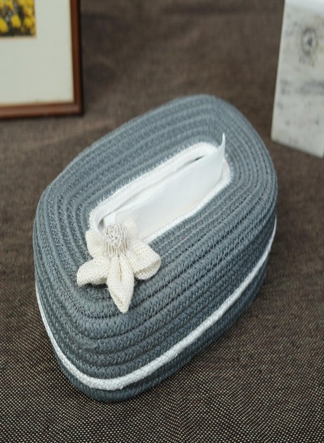 Ariya Cotton Blend Oval Tissue Box Holder | Grey Colour with White Line & Flower | 3 x 11.7 inch | Holds 100 Pulls | Handcrafted for Home, Office, Car & Desk | Dining & Living Room Decor - Image 5